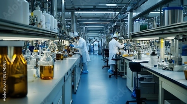 Obraz A petrochemical lab filled with scientists analyzing the thermal resistance of various polymer materials.
