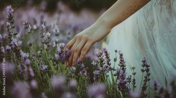 Obraz Hand Touching Lavender Flowers in Summer Field, Relaxing Nature Scene, Generated AI