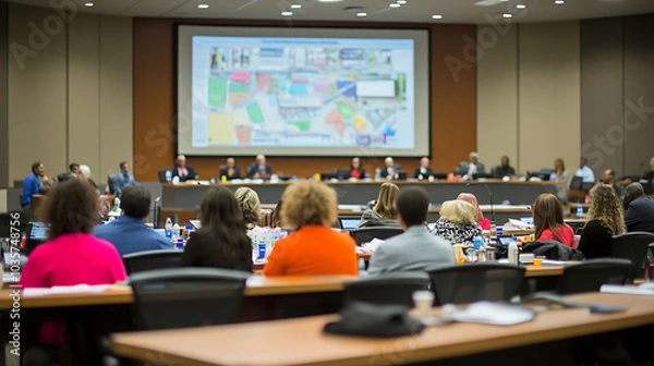 Fototapeta city council meeting in progress, with officials discussing potential infrastructure projects. Attendees are engaged, showcasing collaborative atmosphere
