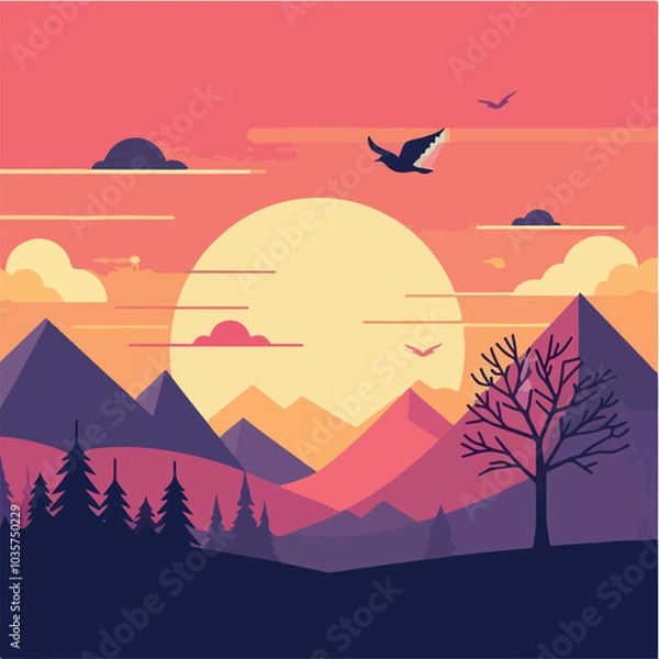 Fototapeta sunset over mountains and tree bird Design

