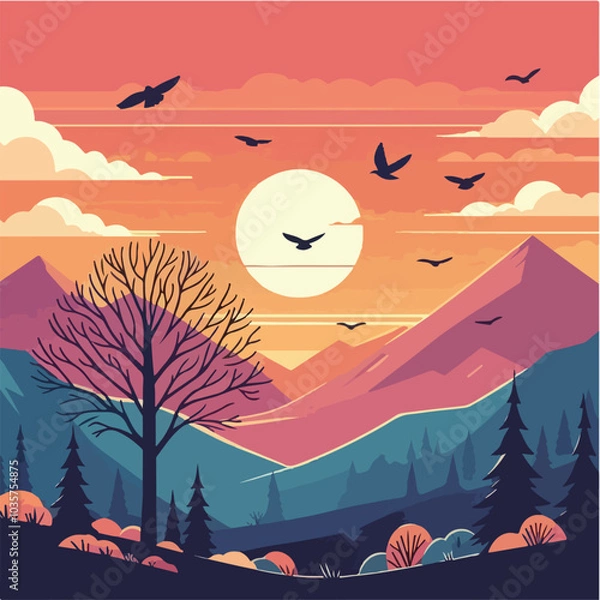 Obraz sunset over mountains and tree bird Design
