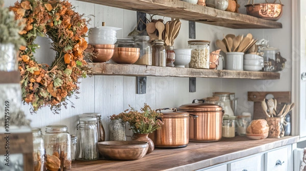 Fototapeta Farmhouse Fall Kitchen: a kitchen with rustic wooden shelves, copper pots, and open storage for seasonal ingredients, fall wreath, amber glass accents, and vintage touches for a warm, inviting space.