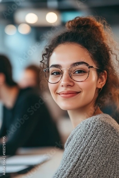 Fototapeta Dedicated Customer Support Worker Smiling in Vibrant Office Space