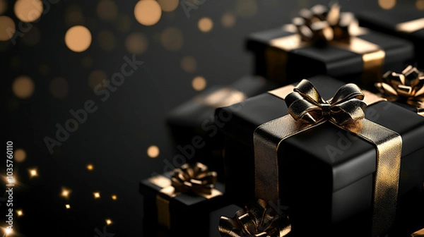 Fototapeta Elegant black gift boxes with golden ribbons on black background