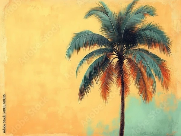 Fototapeta vintage-style tropical illustration showcasing a tall palm tree with detailed fronds swaying gently against a light pastel background, evoking a sense of paradise and relaxation