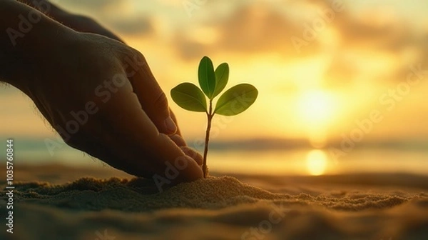 Fototapeta Hands planting a young mangrove tree on the shoreline, sun setting in the background, soft, warm light and a large area of clean sand for text