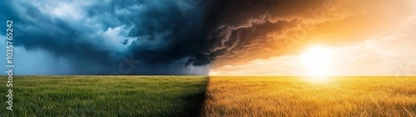 Fototapeta Concept good and bad determination The duality of nature a striking contrast between stormy weather and sunlit landscapes captured in one mesmerizing image
