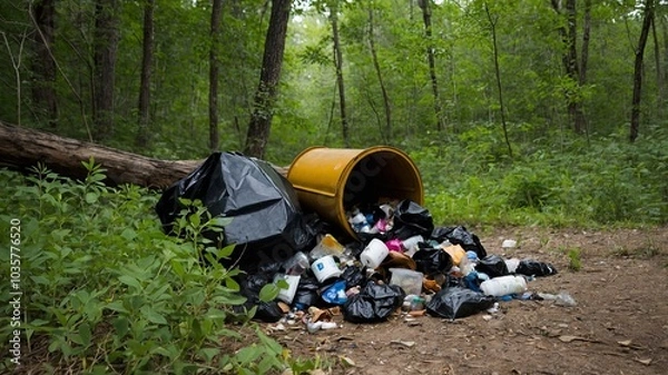 Obraz Trash scattered from a garbage bin in a forest

