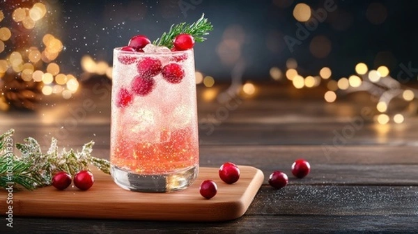 Fototapeta Sparkling holiday cocktail with floating cranberries, glittering in a festive setting