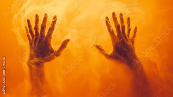 Fototapeta Frightening, ghostly hands hover against an orange background, their translucent quality adding to the haunting atmosphere.