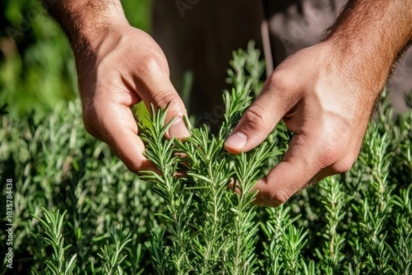 Fototapeta Hands picking fresh rosemary and thyme from a lush herb garden, symbolizing the natural healing and healing power of plants.