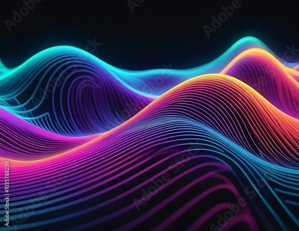 Fototapeta Exuberant flow of the purple, pink, orange, and blue fluid light waves on the dark horizontal background. Author Artist Nadia Russ.	    waves of light