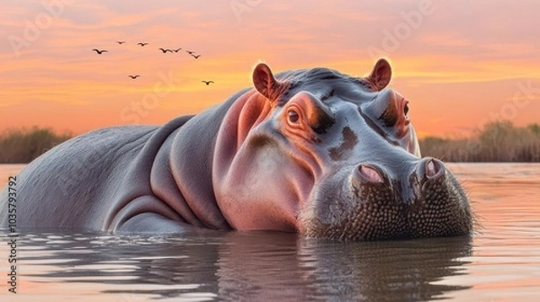 Fototapeta A hippo resting in a tranquil river at sunset, with soft pink and orange hues reflecting on the water The scene is peaceful, with distant birds flying across the glowing sky