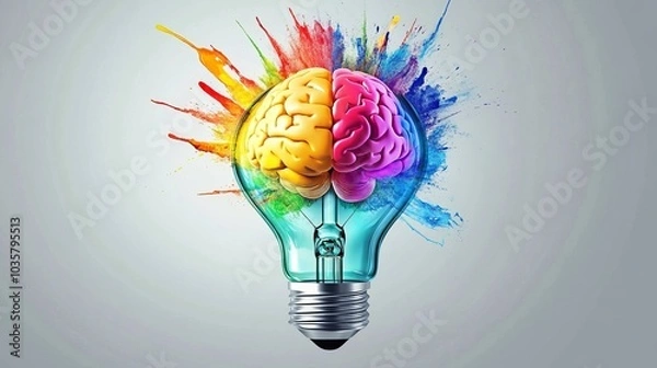 Fototapeta Colorful Brain Inside Light Bulb Concept, Creativity, Innovation, Inspiration, Bright Idea, Creative Thinking, Technology, Generated AI