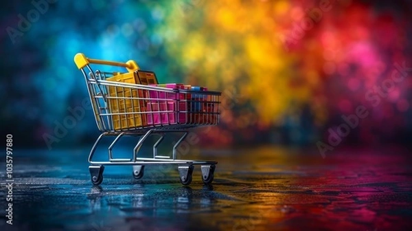 Fototapeta Colorful Shopping Cart with Boxes on Vibrant Background - Retail and Consumerism Concept