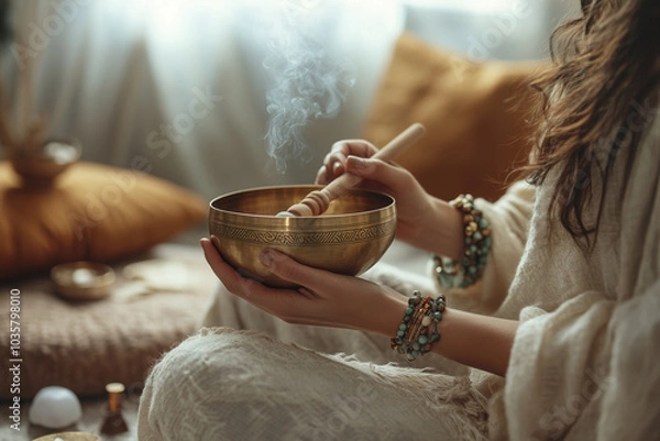 Obraz Woman is practicing meditation with tibetan singing bowl in yoga studio