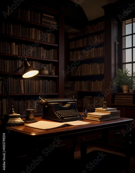 Obraz A vintage typewriter on a wooden desk in a cozy library illuminated by a warm lamp in the evening