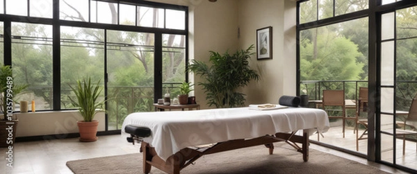 Obraz Relaxing massage therapy room with large windows overlooking greenery in a tranquil setting