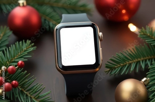 Fototapeta A smartwatch surrounded by festive Christmas ornaments, offering a blank screen for customizable text or imagery, perfect for holiday technology promotions