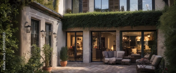 Obraz Cozy outdoor seating area surrounded by greenery at a stylish home in the late afternoon