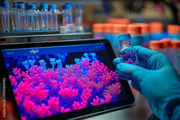 Obraz AlphaFold Accuracy Visualization on a Tablet Cutting-Edge Biochemical Analysis