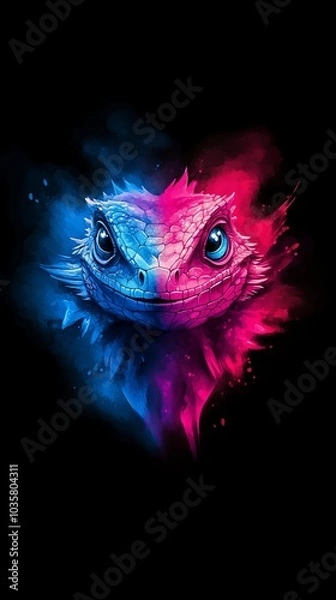 Fototapeta  A tight shot of a lizard's expressive face, adorned with splatters of blue, pink, and red paint