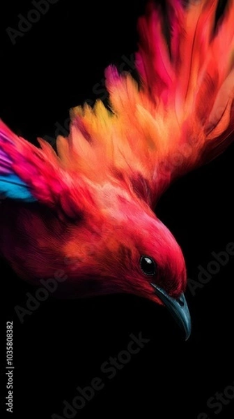 Obraz  A vibrant bird flies through the air, wings spread wide, head tilted upwards