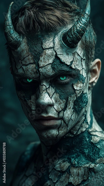 Fototapeta man with warrior skeleton makeup featuring horns for Halloween. Banner with copy space