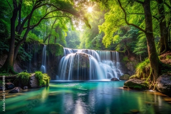 Fototapeta Serene Waterfall Cascading into Enchanted Forest Pool - Nature's Beauty and Tranquility