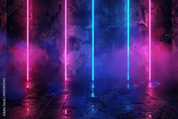 Fototapeta Neon Light Corridor Futuristic Room with Vibrant Lighting and couple romance  background 