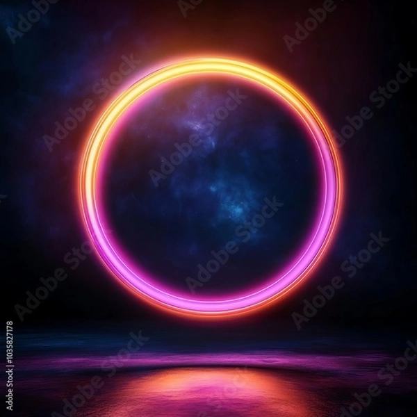 Fototapeta Floating time ring, bright neon, dark sci-fi backdrop, cosmic glow