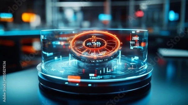 Fototapeta Holographic time scanner, rotating dials, virtual display, lab setting