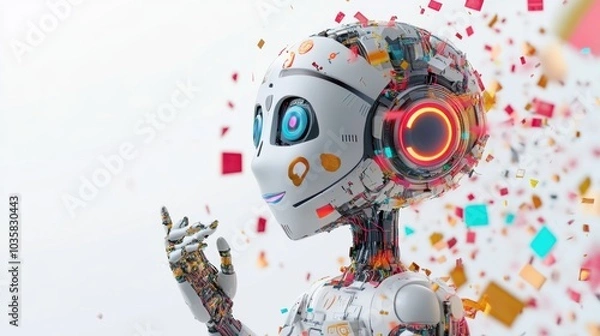 Fototapeta AI concept in 3D with robot and digital icons, futuristic style, isolated on white background