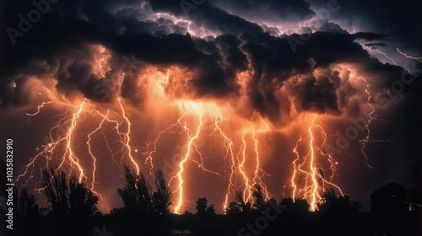 Fototapeta Dramatic lightning strikes illuminate dark storm clouds over forest in intense hurricane concept