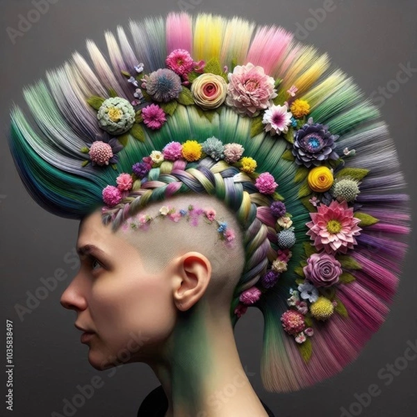 Obraz Blooming Floral Mohawk featuring intricate braiding and pinning techniques to create vibrant flower-shaped structures in pinks, yellows, purples, and blues, with mint green buzzed sides and real petal