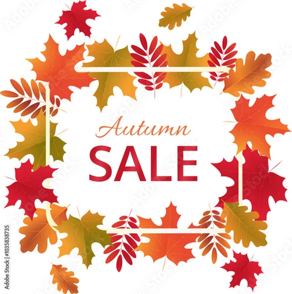 Fototapeta Fall colorful leaves frame and the text Autumn Sale on a transparent background. Autumn sale discount promotion banner design. Advertising sale concept poster design. Sale banner, sale tag