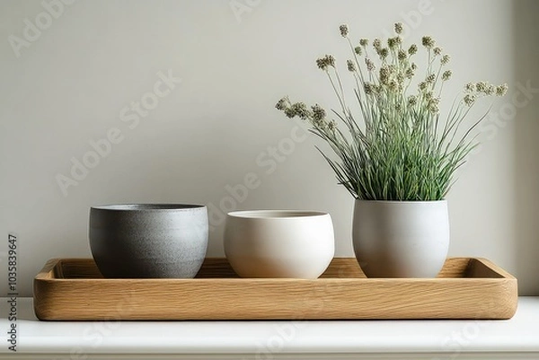 Fototapeta  minimalist wooden tray with clean, sharp edges, resting on a white backdrop, offering a modern and simple aesthetic for home decor or serving.