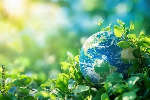 Obraz  Earth surrounded by lush green leaves, symbolizing environmental protection, harmony with nature, and sustainability under the warm glow of sunlight.