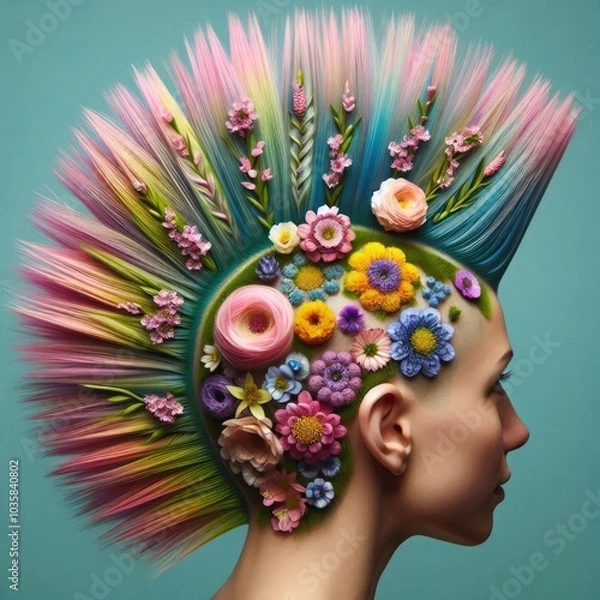 Fototapeta Blooming Floral Mohawk featuring intricate braiding and pinning techniques to create vibrant flower-shaped structures in pinks, yellows, purples, and blues, with mint green buzzed sides and real petal