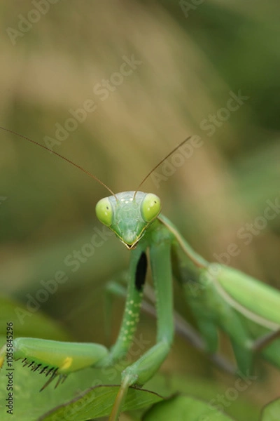 Obraz Closeup on the European praying Mantis religiosa sitting on green leaf