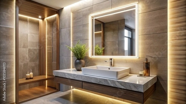 Fototapeta Luxurious bathroom with modern sink and LED mirror