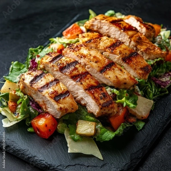 Obraz Caesar salad, chicken, veggies on a black board