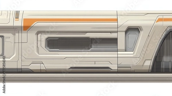 Fototapeta A close-up of a futuristic white and orange spaceship hull with a window and detailed paneling.