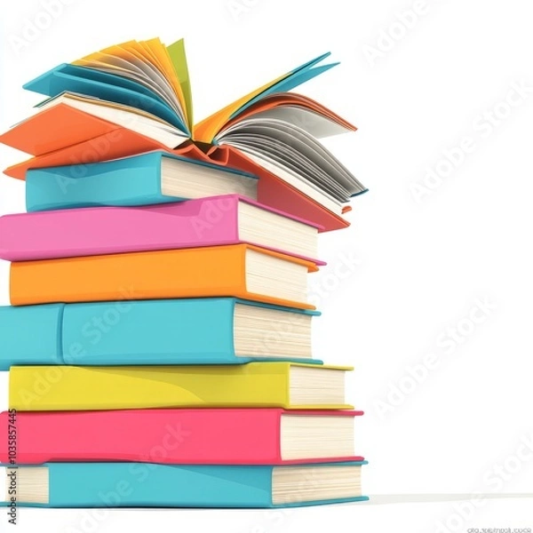 Obraz A colorful stack of books with an open book on top, symbolizing knowledge.