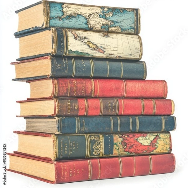 Fototapeta A stack of vintage books with decorative covers and maps.