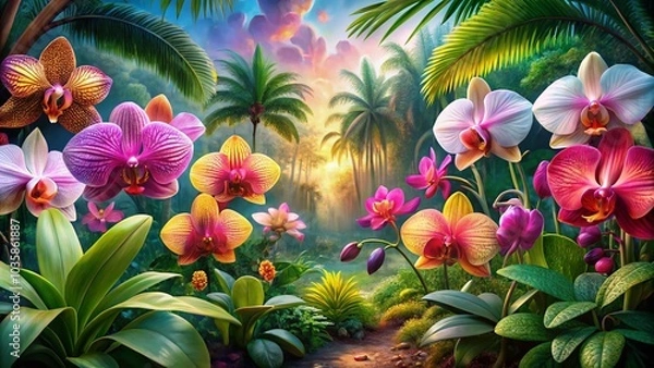 Obraz Vibrant Orchid Flowers in a Lush Tropical Paradise - Generative AI Photography