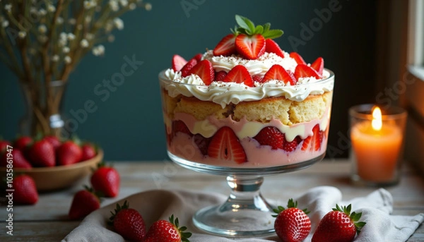 Fototapeta  Strawberry trifle with layers of whipped cream and strawberries
