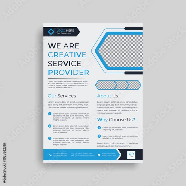 Fototapeta Modern and creative A4 size Business Flyer Layout with Colorful Geometric Accents and image replacing area