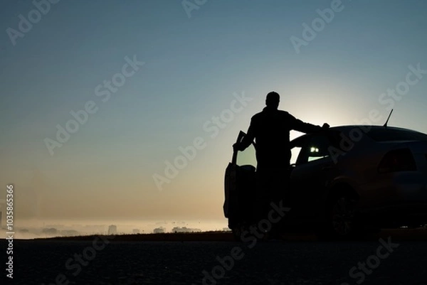 Fototapeta The silhouette of a man standing by an open car against the background of the city in the fog at dawn