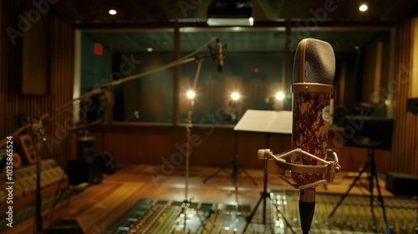 Fototapeta Close-up of microphone on stand in soundproof recording studio, positioned in front of script stand, symbolizing voice acting and audio production.